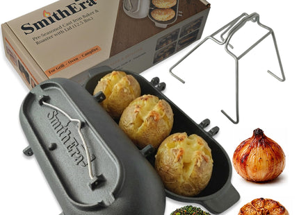 SmithEra Cast Iron Potato Baker with Lid for Grill, Oven & Campfire
