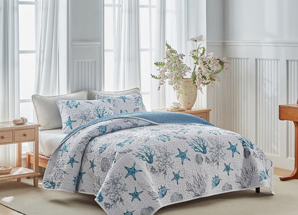 3 Piece Coastal Quilt Sets King Size - Reversible Microfiber Ocean Style Quilts with 2 Shams Soft Lightweight Beach Bedding Nautical Bedspread Coverlet Summer Comforter for All Season