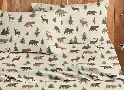 Wake In Cloud - Cabin Bed Sheets, 4-Piece Sheet Set, Rustic Lodge Western Country Bear Deer Wildlife Forest Theme Bedding, Deep Pocket, Green Brown, Queen Size