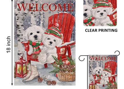 Covido Home Decorative Welcome Winter Bichon Frise Dogs Red Chair Garden Flag, Puppy Pinecone House Yard Ice Skates White Birch Trees Outside Decoration, Christmas Lantern Outdoor Small Decor 12 x 18