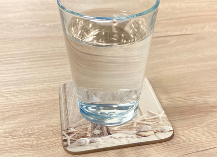 Ambesonne Snowman Coaster Set of 4, Winter Vacation Holiday Theme Snowman with Seashells Sitting on Sandy Beach Coastal, Square Hardboard Gloss Coasters, Standard Size, Blue Sand