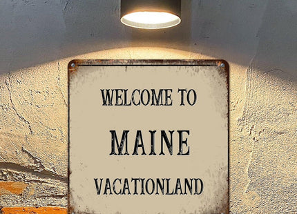 Woguangis Welcome To Maine Metal Tin Signs 10x10in Maine State USA America States Vacationland Funny Metal Sign Retro Wall Decoration Plaque for Outside for Yard Pool Garden Basement Porch