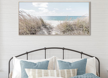 Beach Canvas Framed Wall Art: Large Coastal Seascape Picture Decor Ocean Scene Sea Print Painting Modern Seaside Seashore Grass Artwork for Bedroom Living Room Office