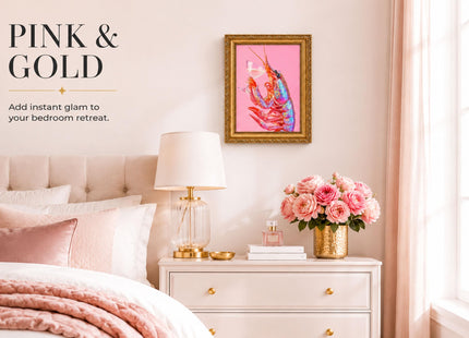 Gold Framed Trendy Pink Cocktail Lobster Canvas Wall Art 12X16in