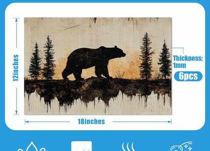 Retro Bear Pine Tree Placemats Set of 6, Vintage Washable Linen Place Mat Heat Resistant Non Slip Kitchen Dining Table Mats 12x18 Inch
