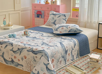 Coastal Quilt Sets Queen Size - Reversible Microfiber Blue Whale Ocean Style Quilts with 2 Shams Soft Lightweight Beach Bedding Nautical Bedspread Coverlet Summer Comforter for All Season