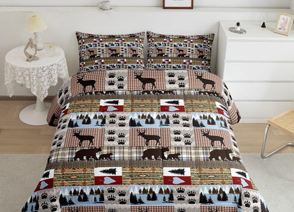Rustic Patchwork Bedding Set Checkered Buffalo Plaid Quilt Twin for Kids Teens Adult,Woodland Wildlife Bear Moose Elk Comforter Set Animal Paw Print Lattice Grid Duvet Insert,Farmhouse Decor