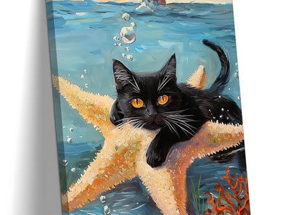Framed Black Cat Ocean Wall Art, Cute Cat Holding Starfish Canvas Print, Funny Animal Lovers Sea Life Painting Picture for Bathroom Bedroom Kids Room Home Decor 12x16 Inch