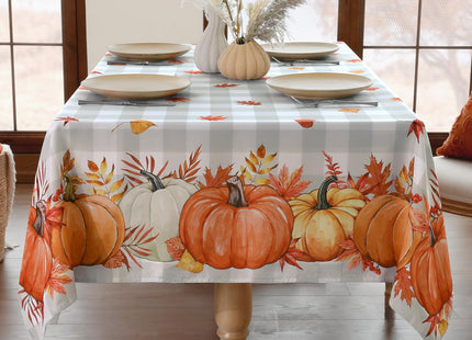 Softalker Fall Tablecloth Rectangle, Grey Buffalo Plaid with Pumpkins