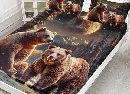 AILONEN Boys Rustic Bear Bedding Set Queen Size,Starry Brown Bear Fitted Sheet with 2 Pillowcases,3 Pieces Snow Animal Soft Sheet Set