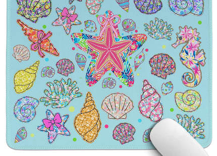 PaJiaNi Wildflower Seashell Clam Summer Mouse Pad,Blue Coastal Beach Mouse Pad,Ocean Seahorse Starfish Desk Mat,Girly Summer Desk Pads for Dorm Home Office Desktop Decor,11.8x9.8 Inch