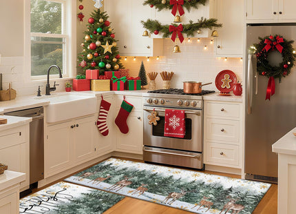 wyoansfhd Christmas Trees Deer Snowflakes Christmas Kitchen Mats Set of 2, Winter Home Decor Low-Profile Kitchen Rugs for Floor,Merry Christmas Rugs 17x30+17x47 Inch
