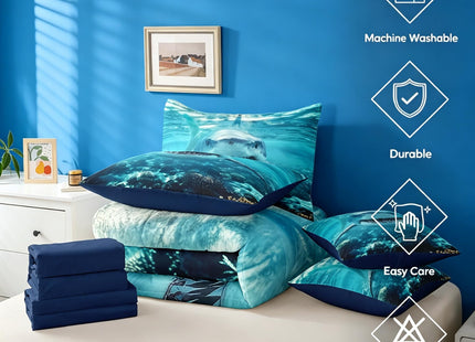 Erosebridal Shark Comforter Set Twin 3D Shark 7 Piece Bedding Set for Kids,Marine Ocean Animal Bedding Sets Shark Fish Reversible Room Decor Underwater Ocean World Quilt with Flat Fitted Sheet