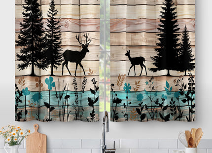 Aimego Forest Deer Kitchen Curtains - Wood Retro Teal Cafe Country Rustic Small Short Tier Window Curtains for Bathroom Living Room Decor Rod Pocket Window Drapes 36 Inch Length Set 28"x36"
