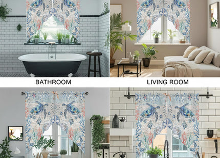 Ocean Sea Turtles Nautical Swag Valances for Windows Rod Pocket Kitchen Window Curtains Over Sink, Rustic Wood Beach Kitchen Curtains Sets, Swag Curtains Valance for Living Room, 28"x36" Set of 2