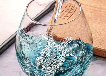 Physkoa Sea Turtle Gifts for Women-13.5oz Sea Turtle Wine Glasses set of 2 - Crackle teal design turtle wine glasses-Hand blown Stemless Wine Glass -Sea lovers Gifts for Birthday，Mothers Day