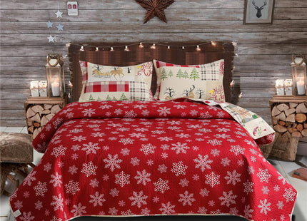 Lodge Style Ultra Lightweight Quilt Set King Size 96"x108", Striped 3 Piece Bedding Sets, Deer Snowflake Printed Rustic Bedspread Coverlet for Cabin Country Home Bedroom Decor,1 Quilt + 2 Pillow Shams