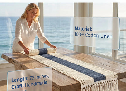 yuboo Table Runner 72 Inches Long, Blue and White Table Runner - Farmhouse Coastal Boho Macrame Dresser Runners for Bedroom, Dining & Coffee Table with Tassels
