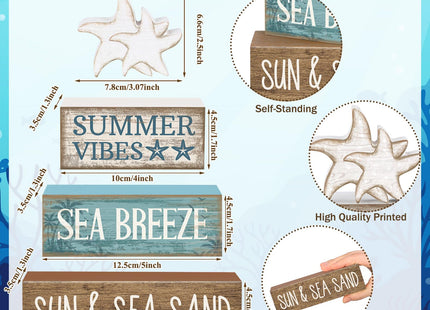 Yuntau 4 Pcs Summer Beach Decorations for Home Beach Tiered Tray Decor Starfish Coastal Rustic Starfish Wooden Block Table Sign Stacked Book Nautical Table Centerpiece for Farmhouse Office Desk Shelf