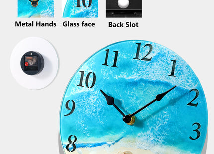 Coastal Beach Wall Clock 8in Blue Seashell Battery Silent Bathroom Decor