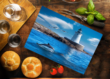 Dolphin Lighthouse Background Coastal Shoreline Waves Sandy Beach Kitchen Glass Cutting Board Ocean Decorative Gift (Dolphin Lighthouse)