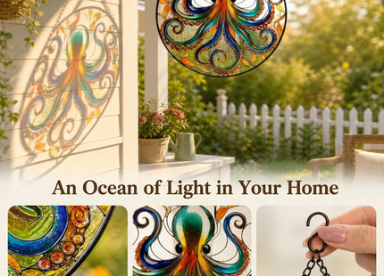ZUSANG Octopus Stained Glass Window Hanging, 9.8’’ Sun Catcher Glass Panel Ocean Theme Wall Art Decor with Chain, Birthday Gift for Sons, Daughters, Grandson