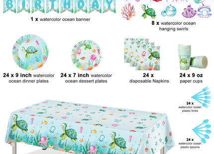 Libima 189 Pcs Sea Turtle Birthday Decorations Ocean Sea Party Tableware Turtle Plates Napkins with Sea Animal Cups Tablecloth Hanging Swirl for Under the Sea Baby Shower Turtle Pool Party Supplies