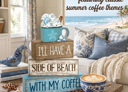 Lineshading 4 Pcs Beach Coastal Wooden Block Signs with Coffee Cup Summer