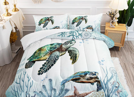 AILONEN Sea Turtle Comforter Set Queen Size, Teal Green Ocean Beach Coastal Bedding 3 Pieces Twin Bed in a Bag,Ocean Turtle Quilt with 2 Pillowcases for Boys Girls Adults