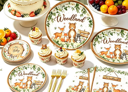 192 Pcs Woodland Baby Shower Tableware Set (Serves 48 Guests), Plates, Napkins, Forks, Forest Animal Theme for 1st Birthday, Woodland Party Decorations