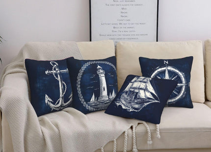Nautical Lighthouse Pillows Cover Set of 4, Sailing Boat Anchor Compass Blue Throw Pillow Covers, Costal Ocean Theme Decorative Pillowcases, Outdoor Cushion Case for Couch Sofa Home Decor 16x16 Inch