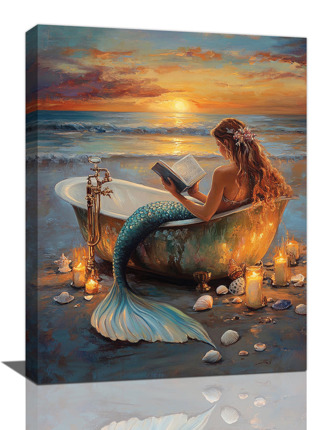 Trulave Mermaid Bathroom Wall Art Beach Coastal Canvas Wall Decor 16x12