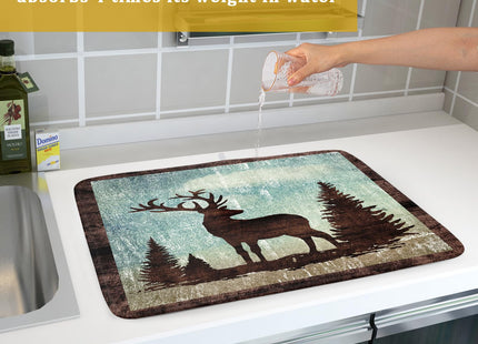 Giwawa Retro Deer Forest Cabin Silhouette Dish Drying Mat Countertop 18x24 Fall Blue Sky Cloud Cartoon Elk Wild Animal Bushes Drainer Mat Pine Tree Grass Dishes Pad Rustic Moose Dish Drainer Rack