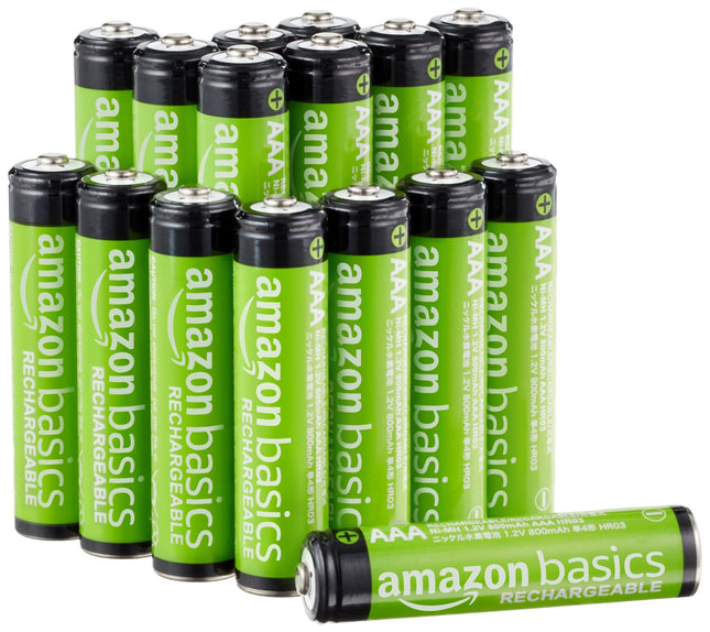 Amazon Basics 16-Pack Rechargeable AAA NiMH Batteries, 800 mAh, 1.2V, Low Self-Discharge, Pre-Charged, Recharge up to 1000x Times, Long-lasting
