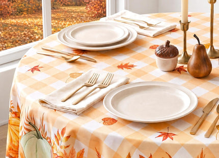 Softalker Fall Tablecloth Round, Orange Buffalo Plaid with Pumpkins