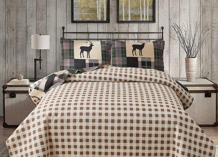 Ycosy 3pcs Breathable Lightweight Christmas Plaid Lodge Quilt Set Full/Queen Size Including Quilt, 2 Pillow Shams, Green, Polyester, Bedspread Set or Bedding Set
