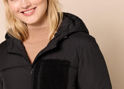 Amazon Essentials Women's Full-Zip Sherpa Fleece Hooded Puffer Jacket, Black, Large