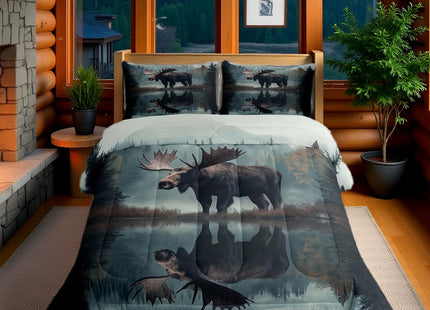 Castle Fairy Lodge Cabin Bedding Sets Twin Size 2 Pcs 3D Moose Jungle Wild Animal Comforter Set for Kids Teens Adults Natural Pine Trees Scenery Rustic Style Comforter Duvet Set with 1 Pillowcase