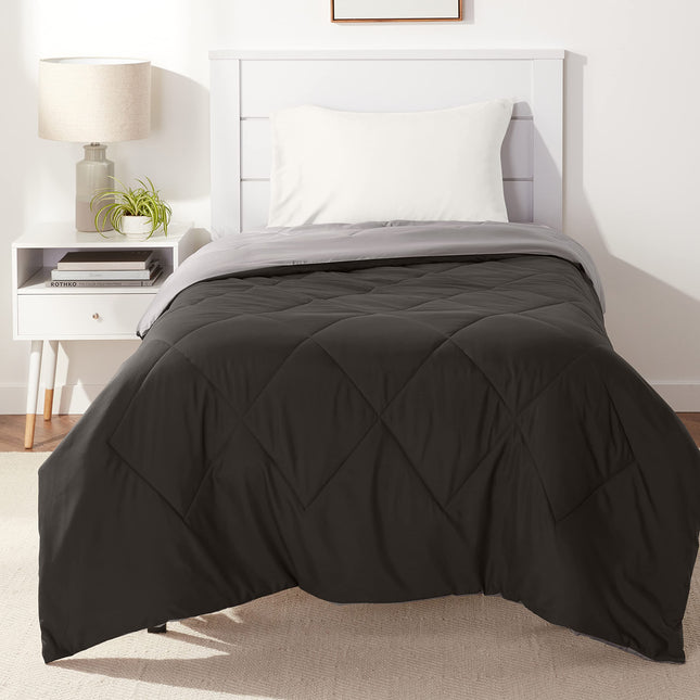 Amazon Basics Comforter Blanket, Reversible, Lightweight Microfiber, All Season, Soft Plush, Machine Washable, Twin/Twin XL, Black/Grey