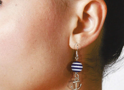 "Navy Lover Silvertone", Dark Navy Blue Striped Anchor Earrings