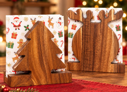 Threehoney 2 Pcs Acacia Wood Christmas Tree and Reindeer Napkin Holder