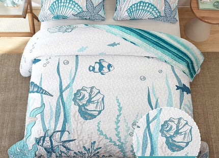 Djoymock Coastal Quilts Bedding Set Queen Size, Summer Green Fish Coral Nautical Bedding Quilt Set with Pillow Cases, Ocean Beach Reversible Bedspreads Coverlet Soft Microfiber Lightweight Comforter