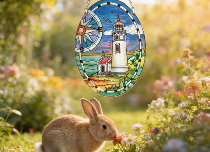 Lighthouse Garden Suncatcher for Window, Elliptic Stained Glass Window Hanging Memorial Gift Stained Glass Birthday Gift for Mom Sun Catchers Window Home Garden Christmas Party Wedding Decor (G)