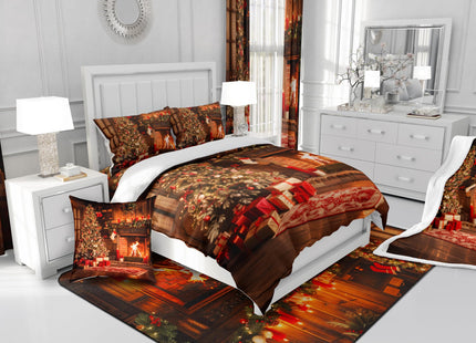 Xmas Duvet Cover Set Queen Size,Christmas Fireplace Christmas Tree Bedding Set Kids Boys Girls Room Decor,Merry Christmas Comforter Cover 3Pcs,Pine Tree Bedspreads Cover,2 Pillowcases(NO Comforter)