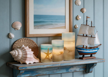 Velsyn Beach Flameless LED Candles with Remote and Timer, Seashell & Starfish Pillar Unscented Real Wax, Ocean Decor for Home Bedroom Wedding Coastal Room, 3" x 4",5",6", Set of 3(Beach)