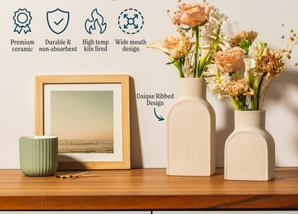 Home Habitat Ceramic Ribbed Vases - 2 Piece Set, Small and Large Vase, Bottle Flower Planter Set. Scandi Style Home Decor. Neutral Cream Home Decor, Coastal Decor for Home, Centerpiece for Table
