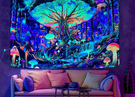 Kanuyee Blacklight Giant Mushroom Tree Forest Tapestry, UV Reactive Fantasy Wonderland Wall Art for Room Decor, Luminous Nature Home Decor 60L x 44W