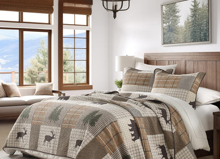 Uniclinens 100% Cotton Quilts King Size - Farmhouse Cabin Lodge Bear Deer Tree King Quilt Set, Soft Patchwork Plaid Bedspread Lightweight Quilted Comforter with 2 Pillow Shams, Green/Brown/Cream