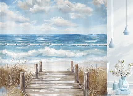 Riyidecor Beach Blue Ocean Coastal Beachy Oil Bathroom Shower Curtain Set