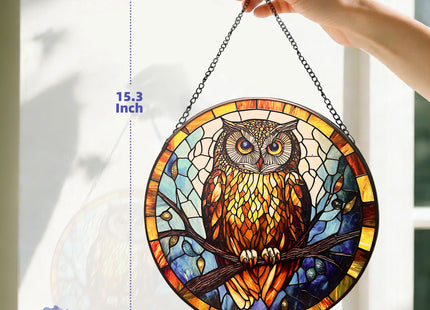 Stained Glass Owl Suncatcher, 7.8’’ Bird Window Hanging Gift for owl Lovers